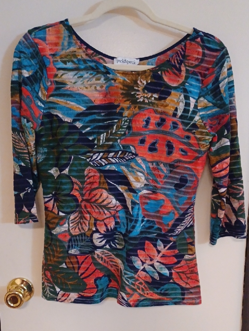 Peck & Peck Multicolor Tropical Floral Scoop-Neck 3/4 Sleeve Top